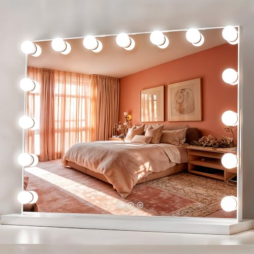 Marctani Espejo de Maquillaje con Luz - Espejo de Mesa o Pared con 3 Tipos de Luz y 15 Bombillas Regulables - Espejo Tocador para Habitacion con USB Puerto de Carga - Espejo Maquillaje Grande