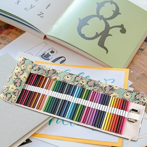 Image of Surblue Canvas Pencil Case Pencil Roll Wrap with 72 Slots Coloring Pencil Holder Organizer Paint Brush Storage Pouch Portable for Artist, Writer(Green Clock