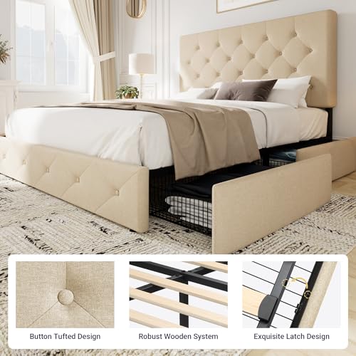 Allewie Upholstered Full Size Platform Bed Frame with 4 Storage Drawers and Headboard, Diamond Stitched Button Tufted, Mattress Foundation with Wooden Slats Support, No Box Spring Needed, Beige