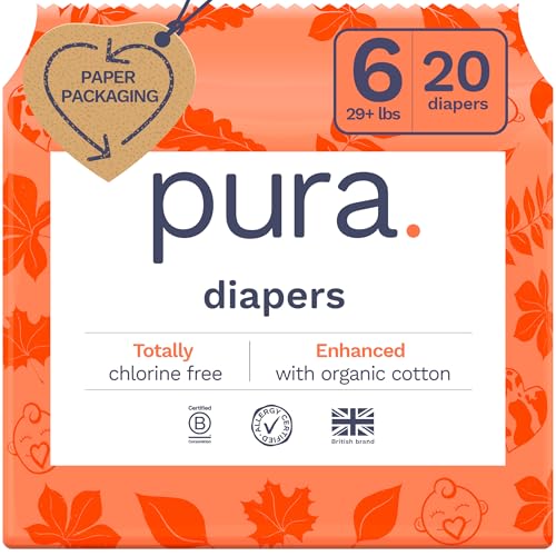 Pura Size 6 Eco-Friendly Diapers (29+ lbs) Totally Chlorine Free (TCF) Hypoallergenic Soft Organic Cotton Sustainable up to 12 Hours Leak Protection Allergy UK 1 Packs of 18 Diapers