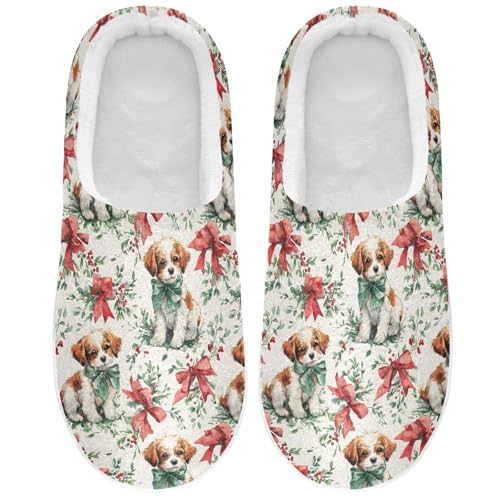 Fuzzy Memory Foam Slippers for Women/Men Dog Bow Leaf Pattern Fluffy Winter House Shoes Indoor and Outdoor2