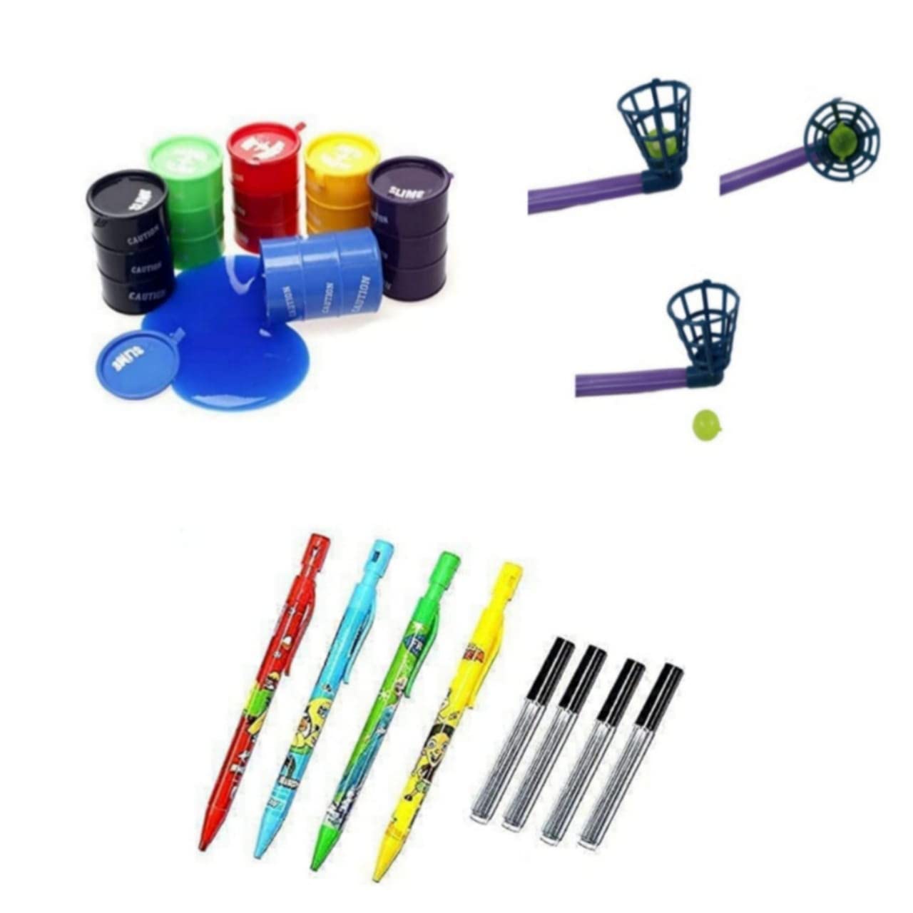 IMTION 3 in 1 (11 Pcs Slime Jelly Toy + 3 Pcs Air Ball hukka Toy + 4 Pcs Mechanical Pencil) for Kids Birthday Return Gift