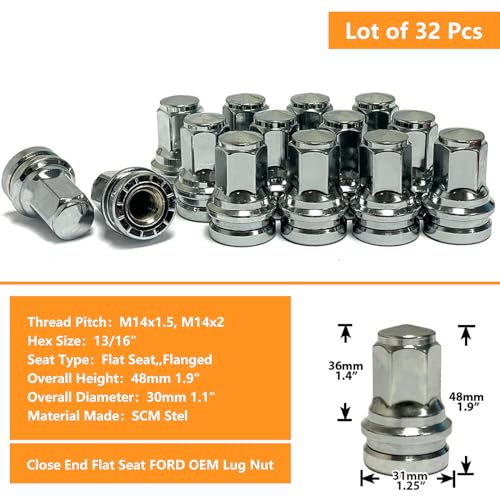 Image of Set of 32 14x2.0mm Lug Nuts, Hunting Horse 1.9 Inch Tall Inch 13 /16 inch Hex OEM Factory Style Flat Seat Lug Nuts Compatible with Ford 99-02 F-250 F-350 Excursion (Chrome)