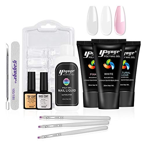 Yayoge Poly Extension Gel Nail Kit - 30ml Builder Gel Poly Gel Nail Kit Slip Solution Top Coat Base Coat Gel Nail Enhancement All-in-One Nail Builder Gel French Manicure Kit