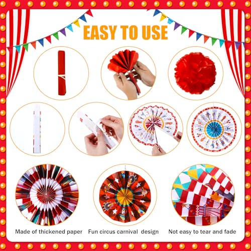 Image of Outus 21 Pcs Carnival Party Decorations with Circus Hanging Paper Fans Red Yellow Blue Paper Pom Poms Tissue Flowers for Ceiling Wall Carnival Circus Theme Birthday Baby Shower Party Favors Supplies