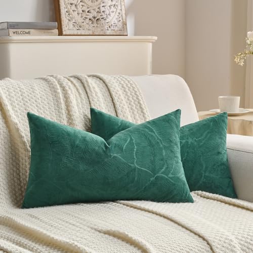 Image of FUTEI Pack of 2 Velvet Throw Pillow Covers 12x20 Inch Soft Embossed Leaf-Relief Textured Decorative Lumbar Pillowcases Modern Natural Farmhouse Accent for Couch Bed Living Room, Dark Green