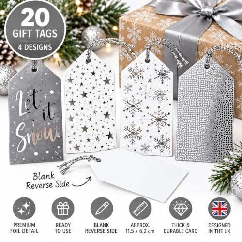 20 Luxury Silver Christmas Tags with Foil Design – 11.5 x 6.2cm – Snowflake & Star Patterns – Pre-Attached Silver Strings – Premium Holiday Present Tags for Xmas Wrapping & Gift Bags — photo 2