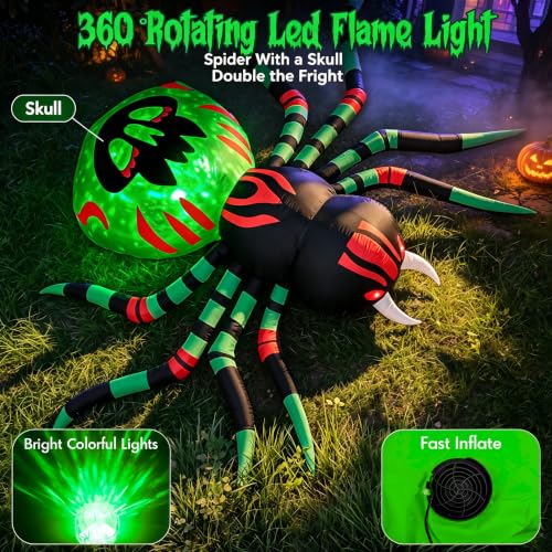 Image of 11FT Halloween Inflatables Spider Outdoor Decorations for Yard, Giant Blow up Green Spider with Rotating Fire Flame Light, Large Spooky Spider for Halloween Party Garden Lawn House Holiday Decor
