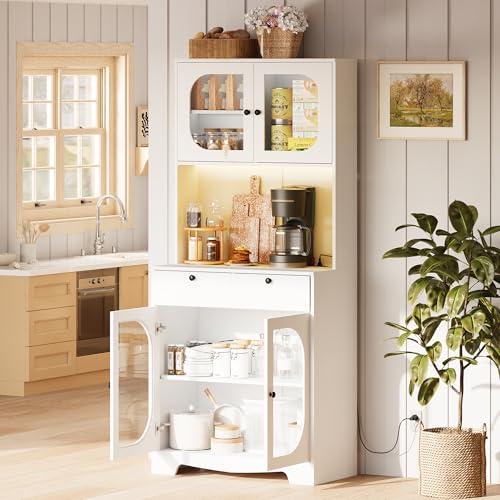 Image of 72 inch Black Kitchen Pantry Cabinet with Lights and Charging Station, Tall Hutch Storage Cabinet Coffee Bar Cabinet with Microwave Shelf for Dining Room