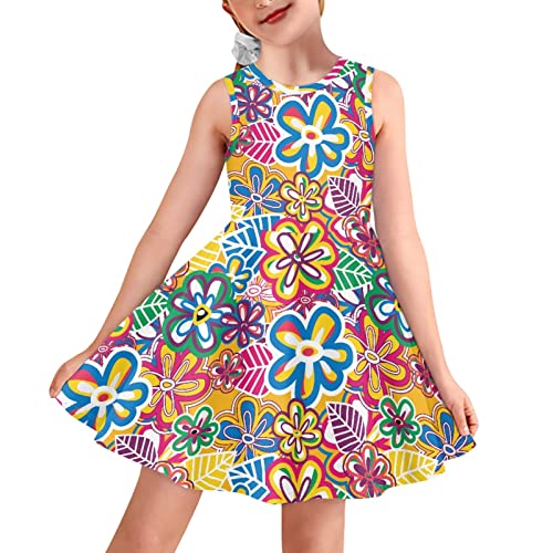 Horeset Tropical Flower Print Sleeveless Dress for Girls Toddler,Fashion Casual Twirl Dress Washable Sleeveless Dress
