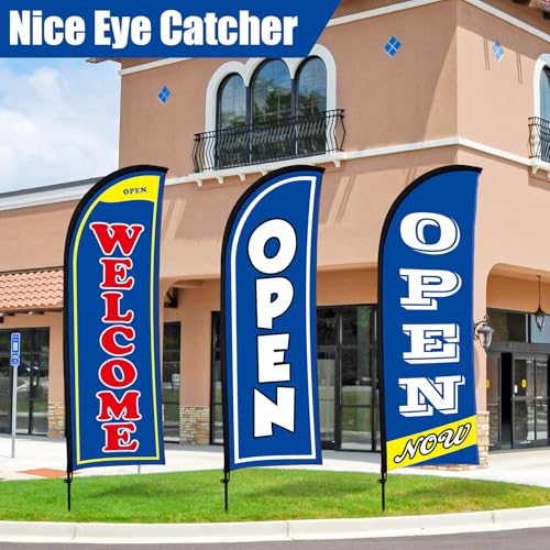 Image of Buryeah 3 Sets Now Open Feather Flag Banner for Business Advertising 7 Feet Tall Grand Opening Feather Flag Sign with Fiberglass Pole Kit Rotating Ground Spike and Portable Bag (Blue)