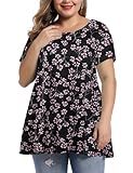MONNURO Womenz's Short Sleeve Casual Loose Fit Flare Swing Tunic Tops Basic T-Shirt Plus Size(Pink Black Floral,3X)