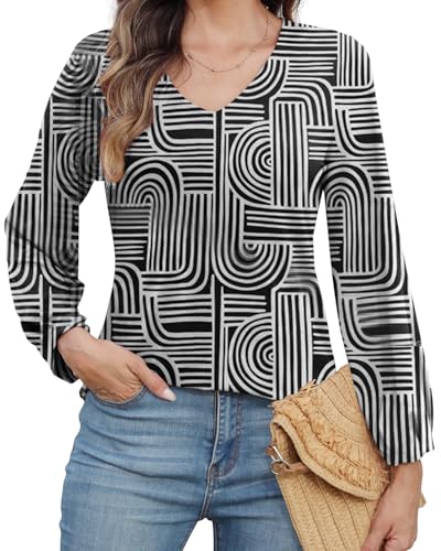 Womens Dressy Tops V Neck Floral Long Sleeve Shirts Loose Puff Sleeve Work Blouses Casual Fall Stylish Clothes