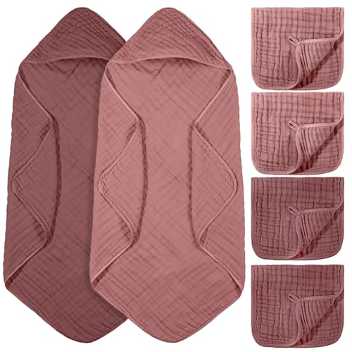 Image of VitalCozy 6 Pcs Baby Muslin Hooded Bath Towels and Washcloths, Muslin Hooded Baby Towels Absorbent Blankets for Gift Newborn Infant Shower (Mauve,Burgundy)