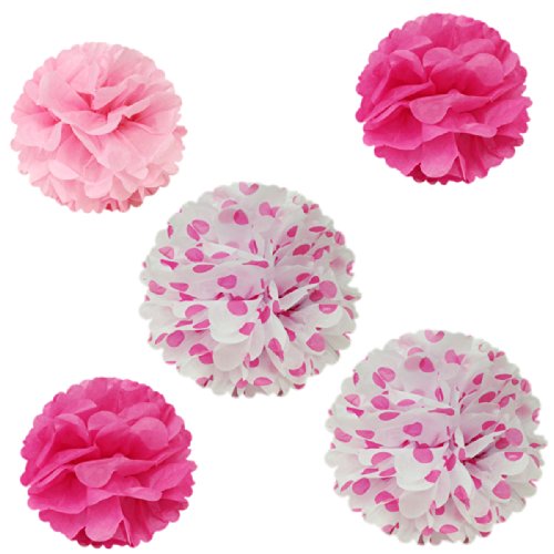 Wrapables 12" & 8" Set of 5 Tissue Pom Poms Party Decorations for Weddings, Birthday Parties Baby Showers and Nursery Décor, Hot Pink & Polka Dots