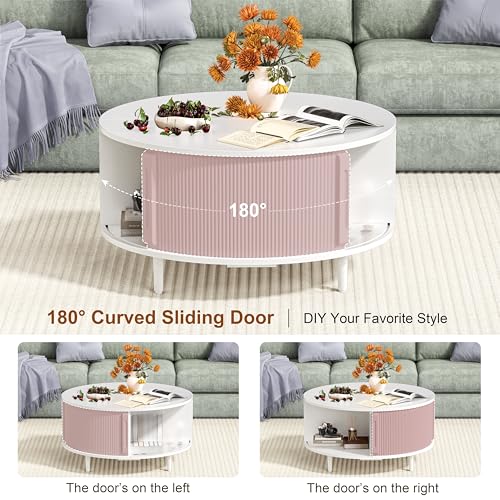 Image of Round Coffee Table, 31.5 inch Fluted Center Table with Storage, Lift-Top Coffee Table with Adjustable Footpads, Sliding Door, Mid-Century Modern Center Table for Living Room, Small Space (Pure White)