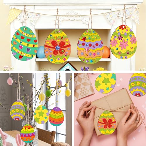 30 Stück Holz Ostereier zum Bemalen, Holzanhänger Ostern Basteln Kinder zum Aufhängen, DIY Bastelset Ostern mit Schnur, Aquarellstift, Diamantaufkleber, Ostergeschenke für Kinder