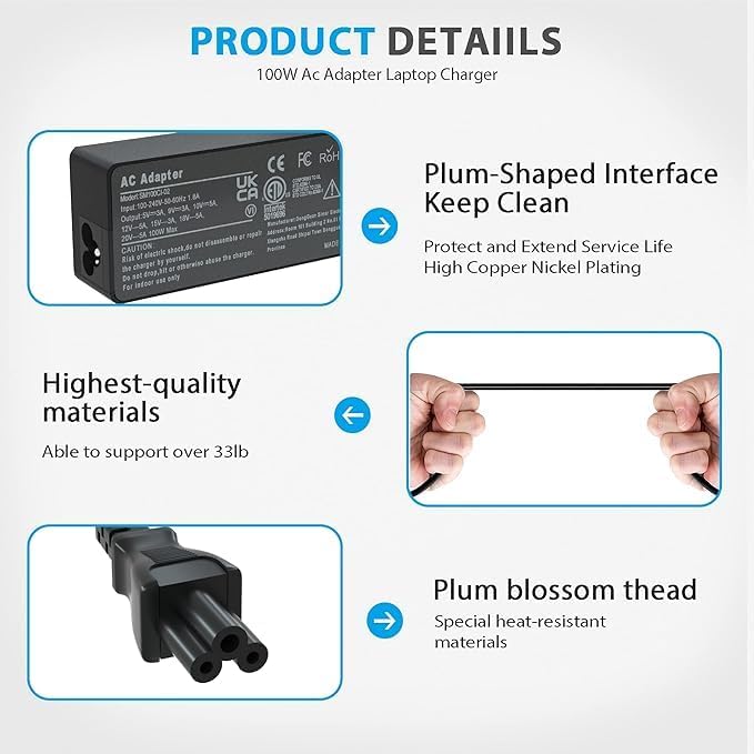 100W 90W USB-C Charger Type-C Adapter for Lenovo Thinkpad Carbon x1 5th 6th Gen, IdeaPad 13" 720 Y400 Y500 P580 P500, Yoga 370 X280 X390 910 920 Power Cord GX20M33579 4X20M26268 - Image 5