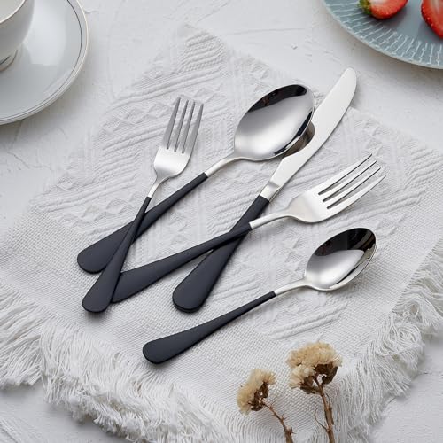 Onlycooker Black Silverware Set 20 Piece 18/0 Stainless Steel Flatware Black Handle Cutlery Set Service for 4 Black Forks Spoons and Knives Set unique silverware set Mirror Finish Dishwasher Safe by Onlycooker - Image 9
