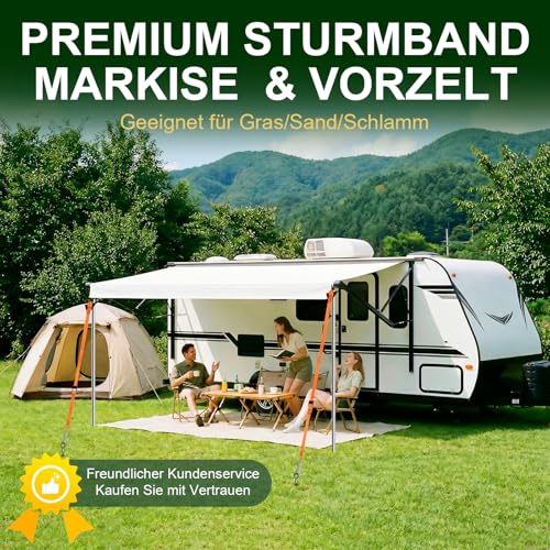 SCHINTILLO Sturmband Markise Vorzelt Set für Thule & Fiamma, Sturmsicherung für Vorzelt Markise, StabilisierungsKit für Camping & Wohnmobil mit 39CM Stark Bodenanker