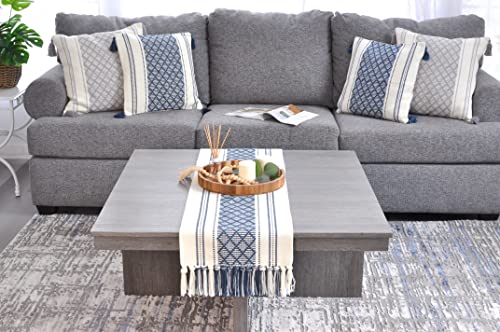 Boho Small Coffee Or Dining Table Runner With Tassels 14 X 48 Inches, Blue & Cream | Woven Washable Dresser Scarf For Bedroom | Farmhouse Table Topper Centerpiece Decorations #TOP5