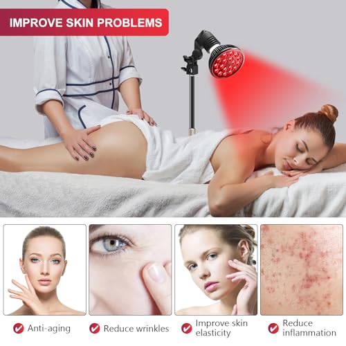 Image of wolezek Red Light Therapy Lamp, 660nm Red and 850nm Near Infrared LED | 18 LEDs with 60 Beam Angle, E26 Base, Aluminum Desk Stand 10-16.5in, Simple On /Off Switch, for Face & Body Care at Home