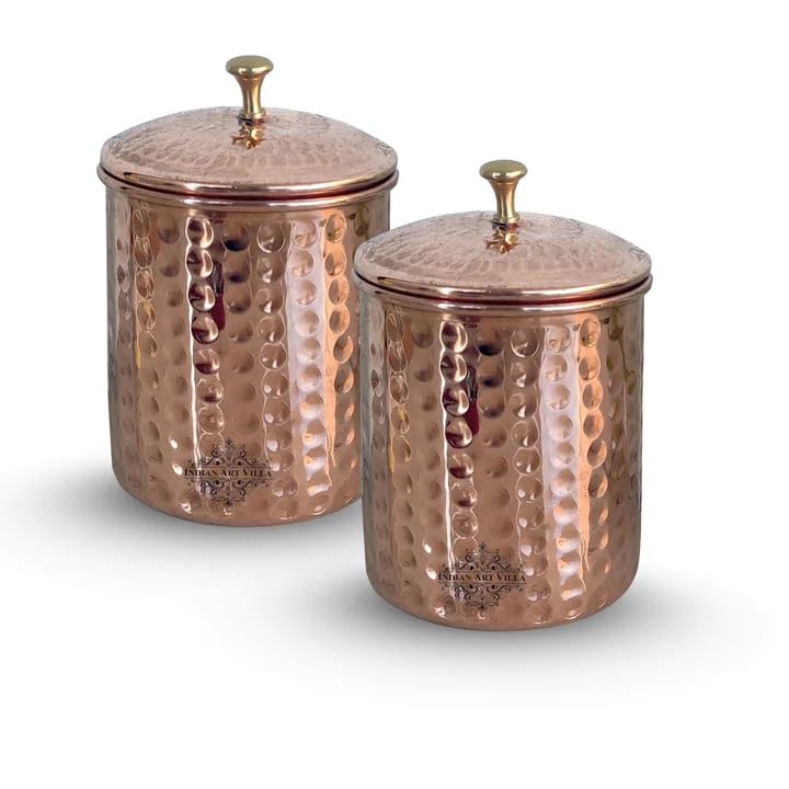 Image of INDIAN ART VILLA Pure Copper Hammered Storage Box /Container - Set of 2, 900 ML Each, Decorative Copper Container with Brass Knob for Kitchen & Home Organization