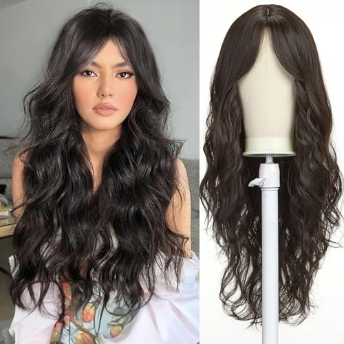 Esmee Long Wavy Dark Brown Wigs for Women Natuaral Synthetic Hair Heat Resistant Brunette Wig for Daily Party Cosplay Use