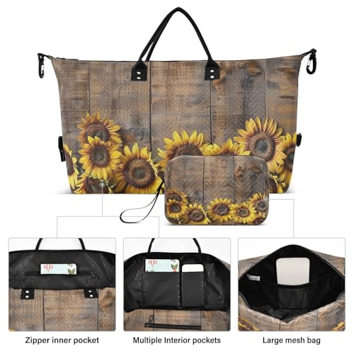 Flower Travel Duffle Bag Gym Bag, Wooden Sunflowers Decoration Weekender Bags for Women with Toiletry Bag Travel Tote Bag Swim Bag2