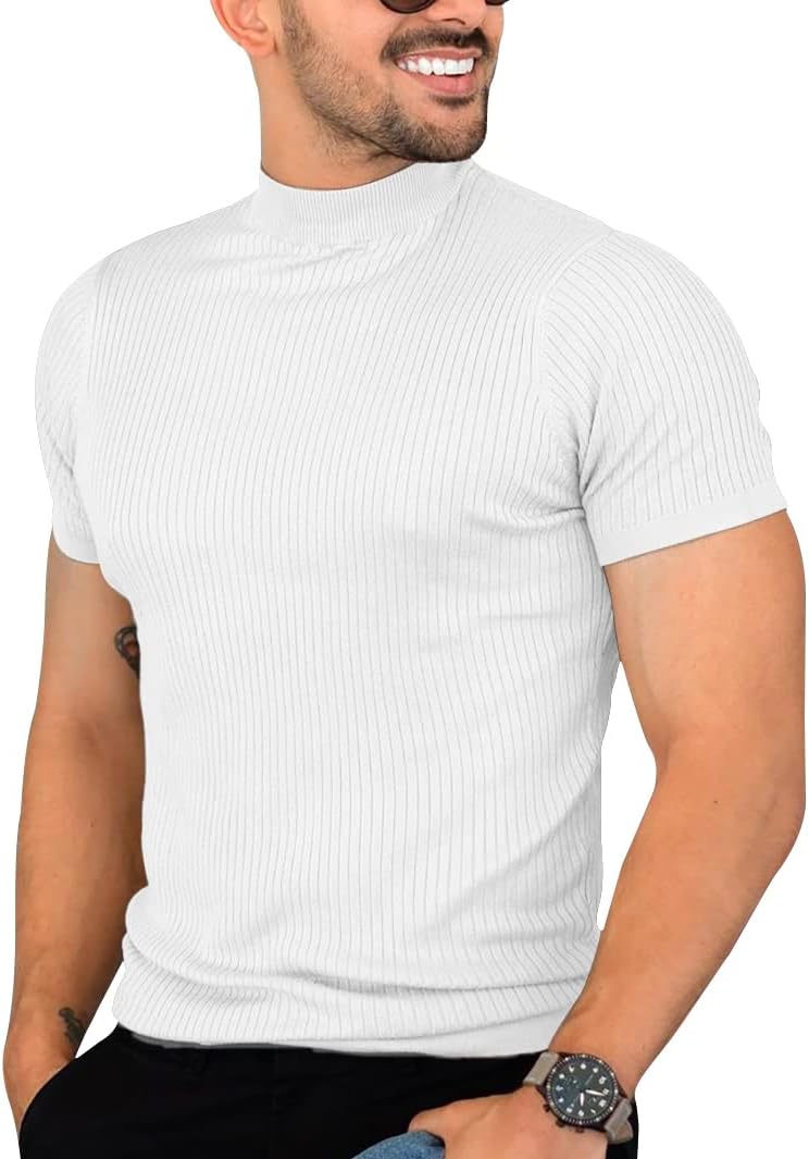 Mens Casual Slim Fit Basic Tops Short Sleeve Shirt Turtleneck T Shirts Rib Knitted Stretch Pullover Sweater