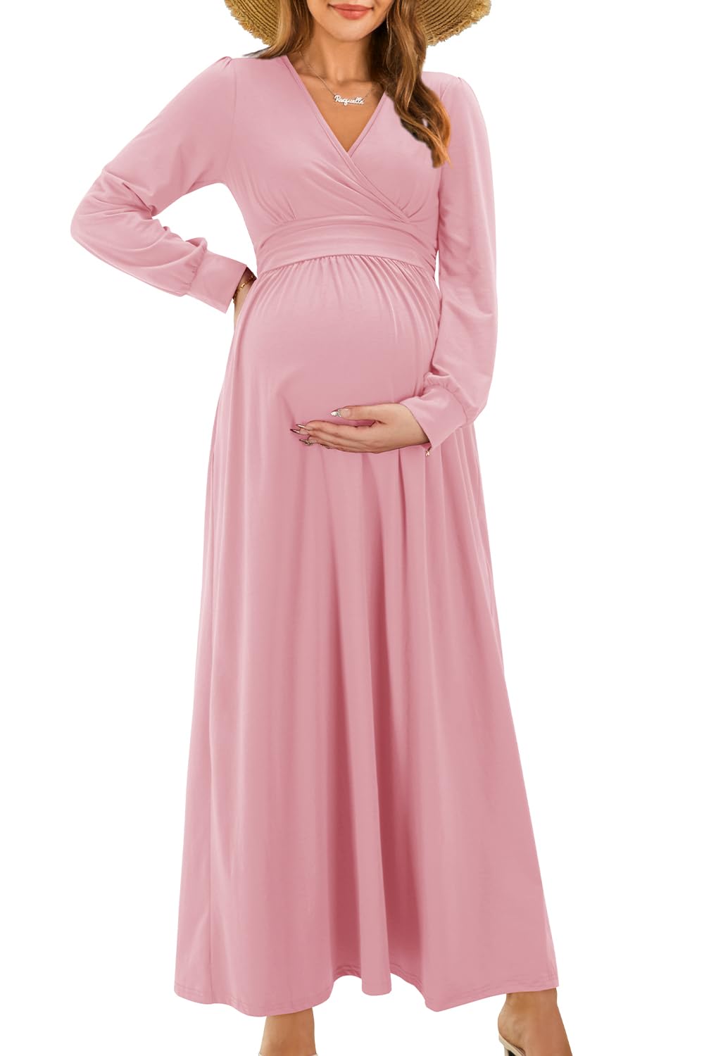 OUGES Damen Stillkleid Maxi Umstandskleid Festlich Lange Ärmel Wrap V Neck Schwangerschaftskleid für Fotoshooting -XXL