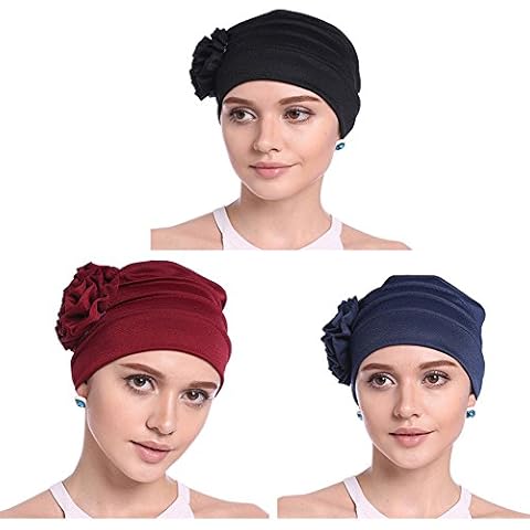 Upsmile 3 Pack Women Chemo Cap, Soft Sleep Turban Headwear Hat with Elegant Strench Side Flower Pleated Skull Caps for Cancer Patients Cover