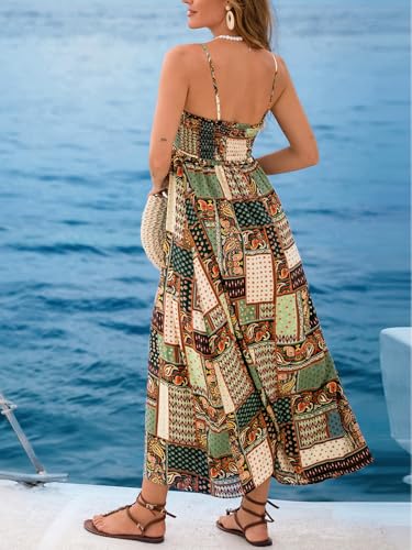Image of CUPSHE Women Spaghetti Straps Boho Maxi Dress Summer Sleeveless Smocked Floral Beach Long Dress Flowy Cruise Vacation Outfits