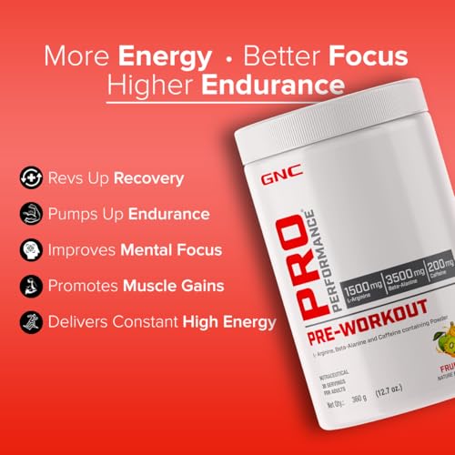 Image of GNC Pro Performance Pre-Workout | 360 gm | 30 Servings | Boosts Pump & Energy | Speeds Up Recovery | 1500 mg L-Arginine | 3500 mg Beta-Alanine | 200 mg Caffeine | Fruit Punch