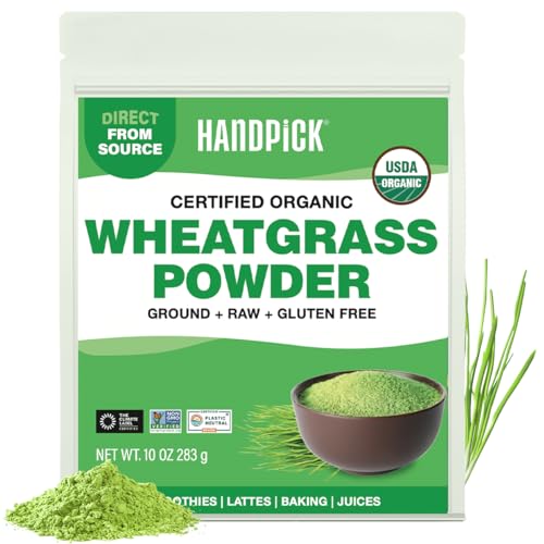 HANDPICK USDA Organic Wheatgrass Powder (10oz) Rich Green Powder - Lab Tested | 100% Whole Leaf | Gluten Free Non-GMO | No Sugar No Artificial Ingredients | Resealable Pouch (Packaging may vary)