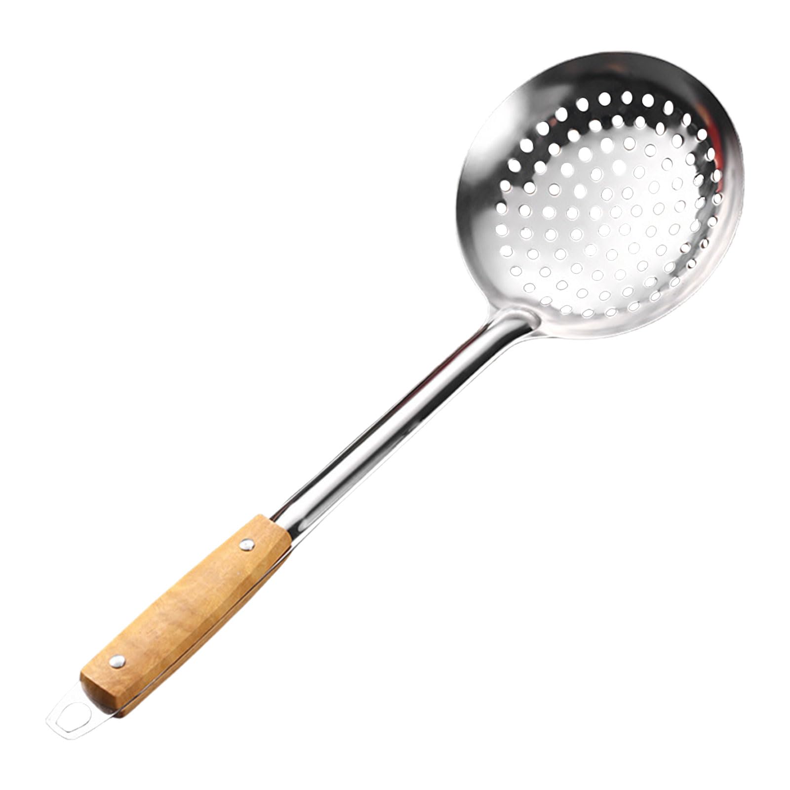 MALSSE Multifuntional 201Stainless Steel Skimmer Cooking Strainer Spoon with Long Wood Handle Food Strainer Spoon for Cooking Wood Handle
