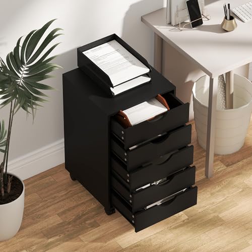 Caisson Bureau Mobile 5 Tiroirs MDF Noir, HOMCOM