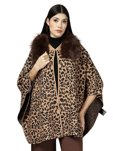 mafadeny Leopard Print Cape with Faux Fur Ponchu-picture-21