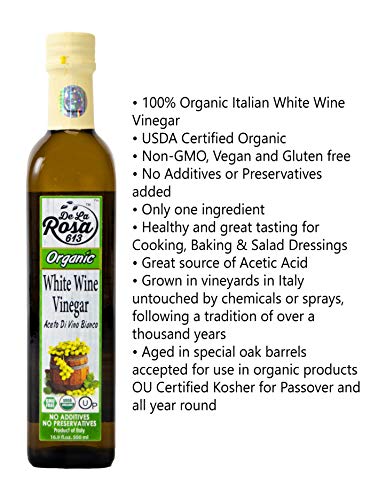ORGANIC Italian White Wine Vinegar (2-Pack) - De La Rosa (2) 16.9oz Glass Bottles - Barrel Aged in Oak | Vegan, Gluten-Free & Kosher | Great for salads, dressing and more! - Thumbnail 3