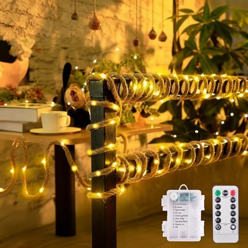 Cadena de luces, 5 m, 100 ledes, cuerda de yute, funciona con pilas, 8 modos con mando a distancia, funciona con pilas, para exteriores, resistente a la intemperie, color blanco cálido, para bodas