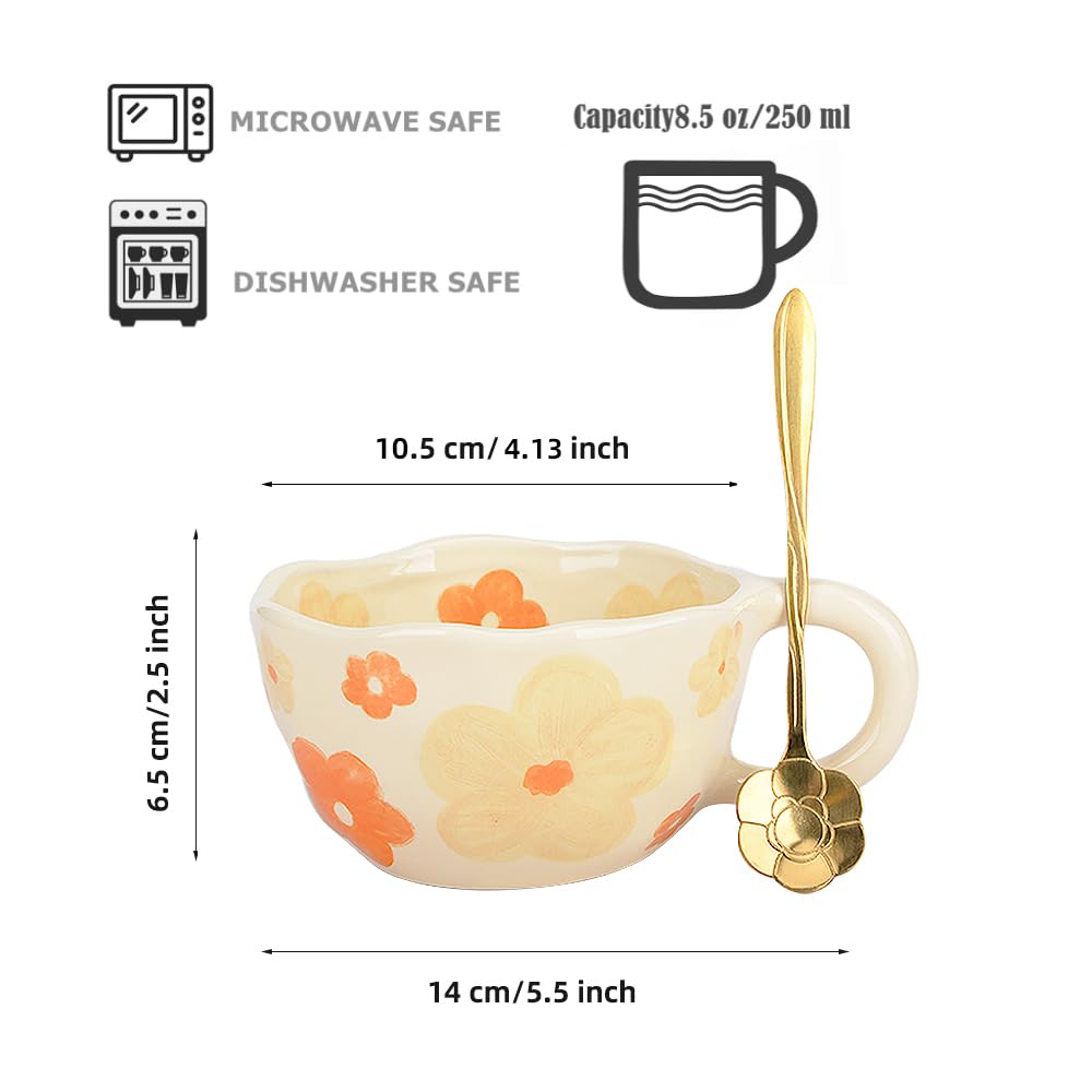 XinHuiGY Cute Coffee Mug, Ceramic Tea Mugs, Handmade Irregular Coffee Cup, Orange Flower Mug with Spoon - Image 3