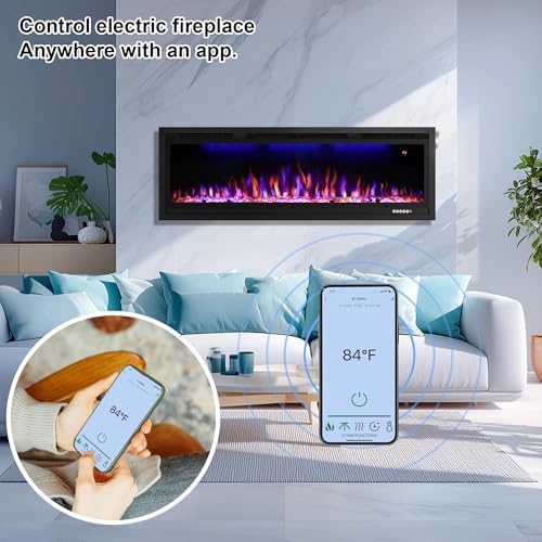 74" WiFi-Enabled Electric Fireplace Insert, APP Smart Control, Wall Mounted&Recessed Linear Fireplace Heater with Thermostat, Flame&Top Lights, Log&Crystal, Timer - Thumbnail 3