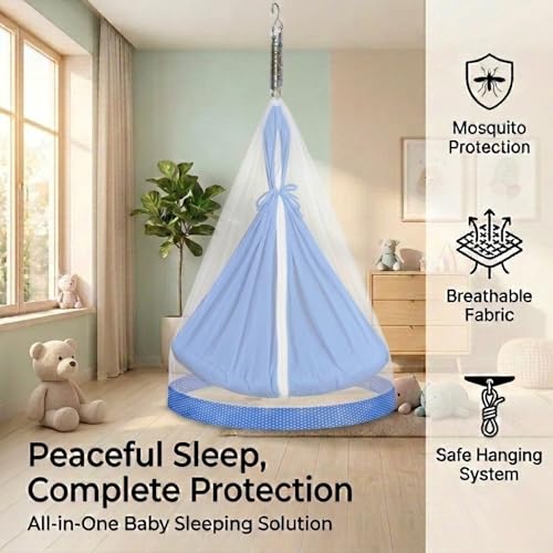 Image of Vparents Sleeping Essentials with Mosquito Net & Spring, Small Dot (Dark Blue)