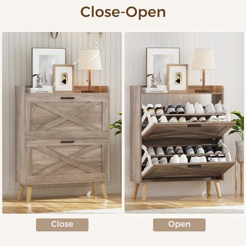 Image of Homleke Farmhouse Shoe Storage Cabinet with Flip Drawers & Barn Door Design | Slim Narrow Shoe Rack Cabinet with Adjustable Shelves & Hidden Storage for Entryway, Foyer, Hallway, Living Room, Greige