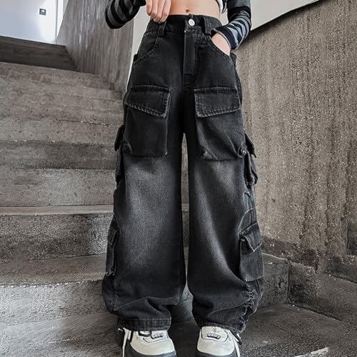 Baggy Cargo Jeans for Girls Straight Wide Leg Adjustable High Waisted, Casual Fashion School Streetwear Denim Pants2