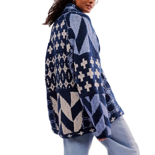 Image of Womens Knit Cardigan Sweater Button Down Oversized Sweaters Y2k Graphic Shawl Collar Fall Cardigans Coats, Blue, One Size