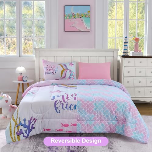 Image of Cokouchyi Twin Size Comforter Set for Girls, 5-Piece Bed in a Bag, 3D Colorful Mermaid Bedding Comforter Sheet Set, Ultra Soft and Fluffy, Mermaid