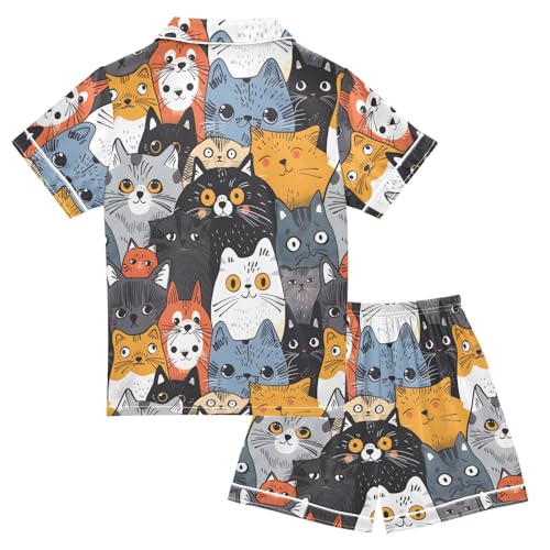 ALAZA Colorful Cat Kitten Animal Satin Pajamas Set Short Sleeve Button Down Sleepwear Summer Pjs 2 Piece2
