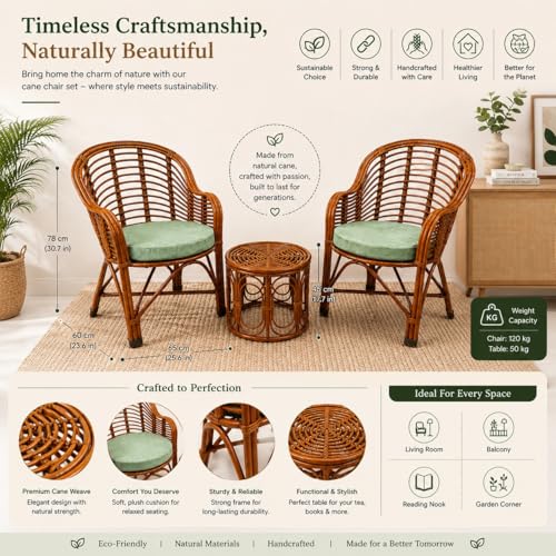 Image of CANE CRAFTS Premium Bamboo Chair Set with Table|Kursi|Garden Chairs with Table|Chairs for Living Room, Home, Dining Room, Bedroom, Kitchen, Office, Outdoor & Garden|Set of 2 Chairs & 1 Table (Brown)