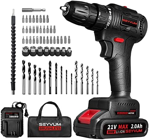 SEYVUM P10 21V Cordless Drill Set, [Powerful Brushless Motor] [Compact], Power Drill Driver, Electric Drill with Li-ion Battery, Fast Charger, Variable Speed, 57pcs Drill Bits with Tool Bag